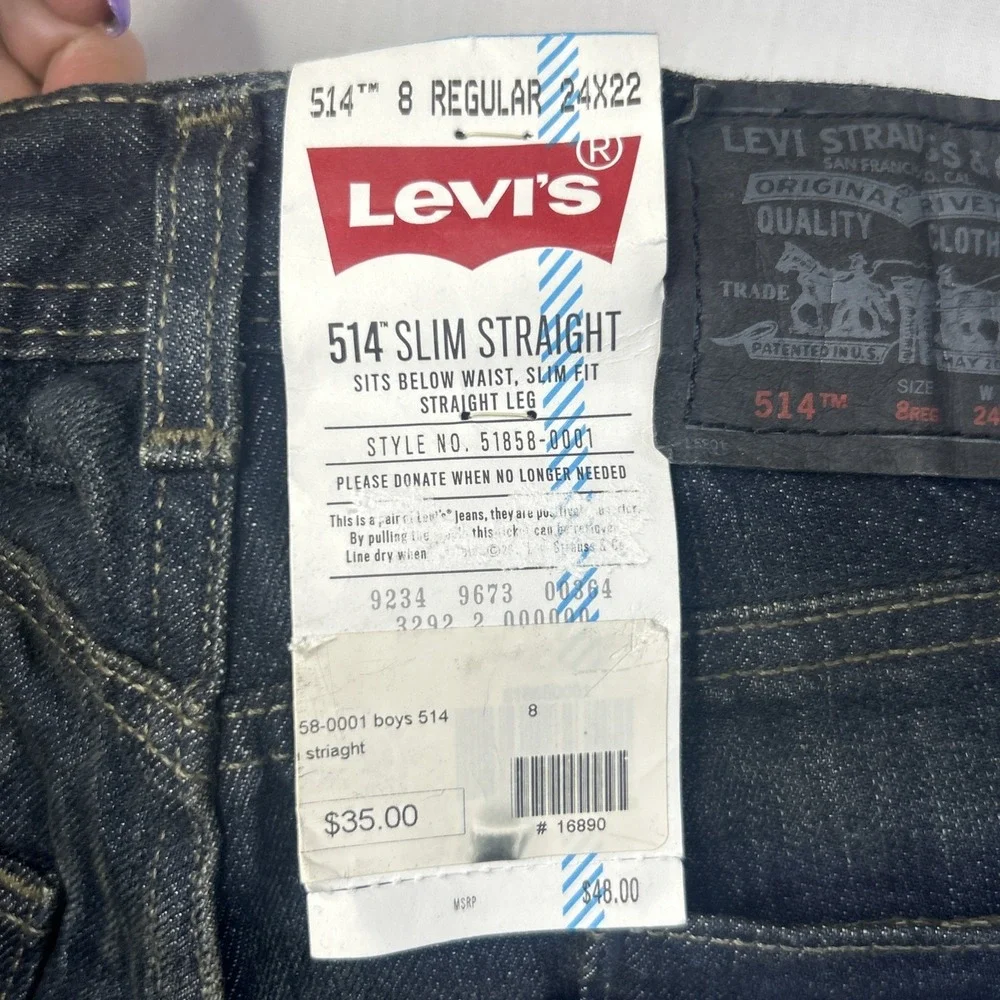 Levis‎ 514 Slim Straight Leg Jeans Boys 8 24x22 Regular Dark Wash Zipper Pocket